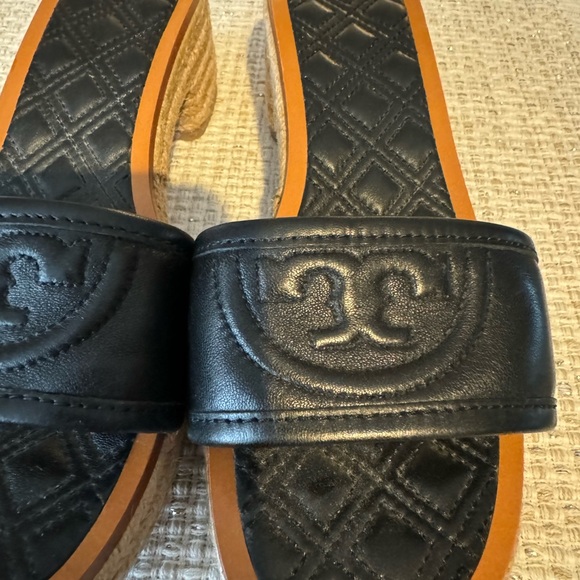 Tory Burch Shoes - Tory Burch Black Quilted Leather Slide Sandals with Tan Edge